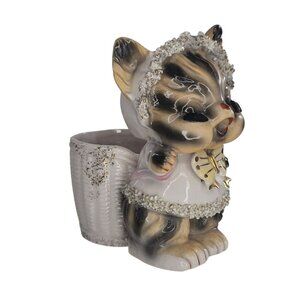 Vintage 1950s Anthropomorphic Striped Kitty Cat Planter Lashes Spaghetti Trim